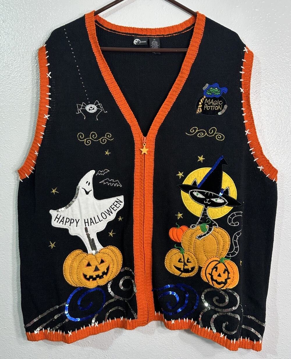 Holiday Editions Halloween Sweater Vest Womens 3X Zip Ghost Pumpkin Sequins
